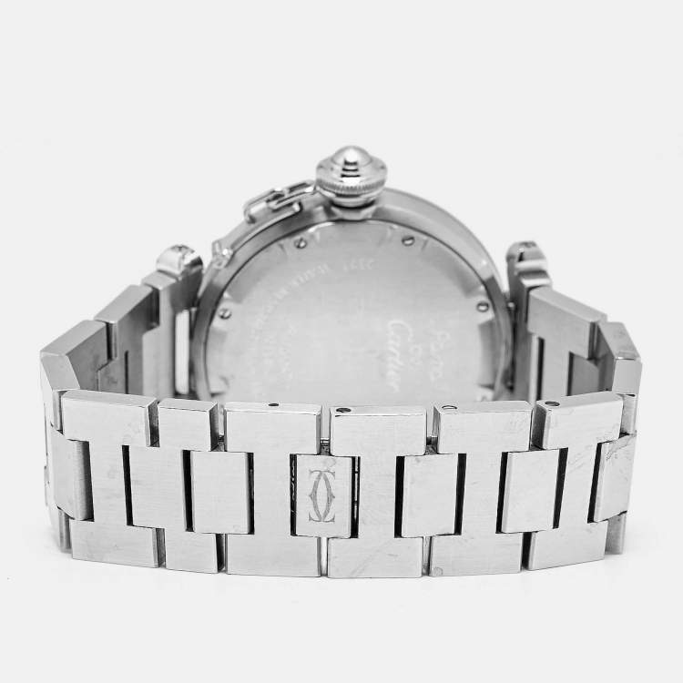 Pre Owned Cartier Pasha De Cartier GMT 2377 Silver Dial Stainless Steel Women's Wristwatch 35 mm