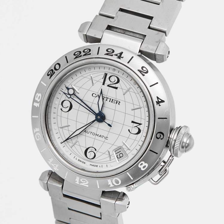 Pre Owned Cartier Pasha De Cartier GMT 2377 Silver Dial Stainless Steel Women's Wristwatch 35 mm