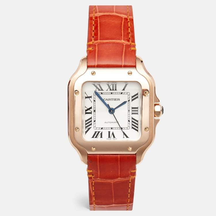 Pre Owned Cartier Santos De Cartier WGSA0012 Silver Opaline Dial 18K Rose Gold Women's Wristwatch 35.1 mm