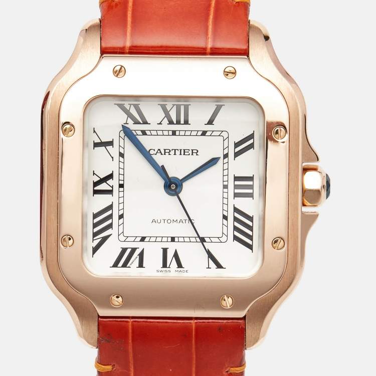 Pre Owned Cartier Santos De Cartier WGSA0012 Silver Opaline Dial 18K Rose Gold Women's Wristwatch 35.1 mm