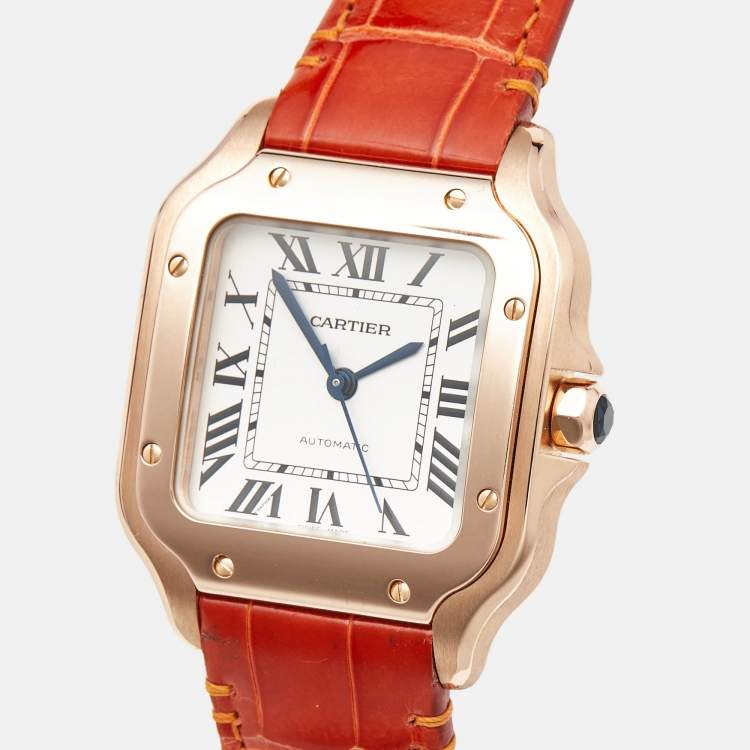 Pre Owned Cartier Santos De Cartier WGSA0012 Silver Opaline Dial 18K Rose Gold Women's Wristwatch 35.1 mm