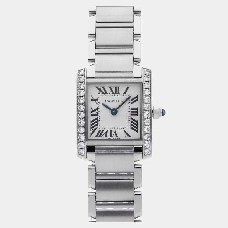 Pre Owned Pre-Owned Cartier Tank Francaise Small W4TA0008 Silver Quartz Diamond Stainless Steel Women's Wristwatch 20 MM