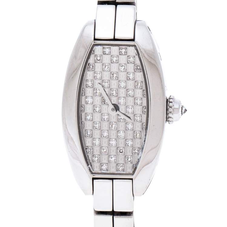 Pre Owned Cartier Diamond Pave 18K White Gold Laniere Tonneau 2545 Women's Wristwatch 16 mm