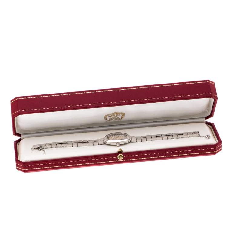 Pre Owned Cartier Diamond Pave 18K White Gold Laniere Tonneau 2545 Women's Wristwatch 16 mm