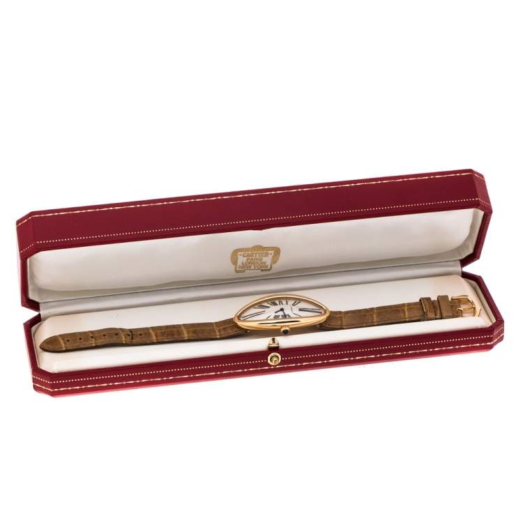 Pre Owned Cartier Silver 18K Rose Gold Baignoire Allongee 2515 Women's Wristwatch 21 mm