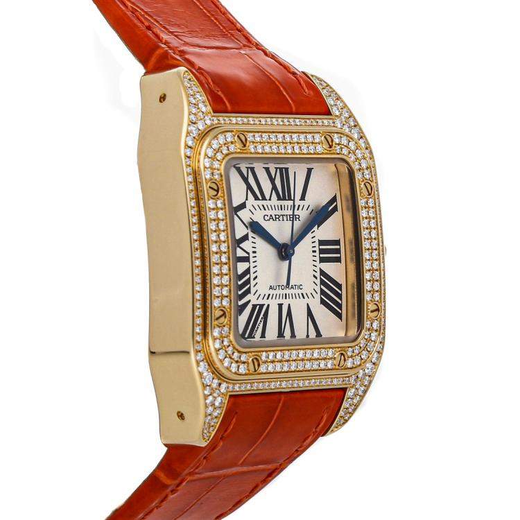 Pre Owned Cartier White Diamonds 18K Yellow Gold Santos 100 Medium WM502051 Women's Wristwatch 44 x 33 MM