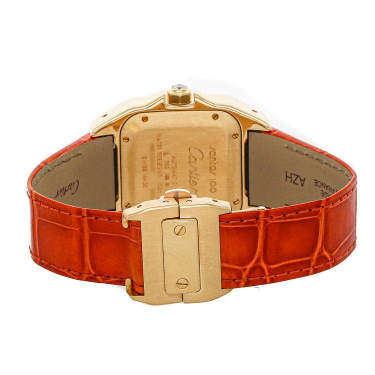 Pre Owned Cartier White Diamonds 18K Yellow Gold Santos 100 Medium WM502051 Women's Wristwatch 44 x 33 MM