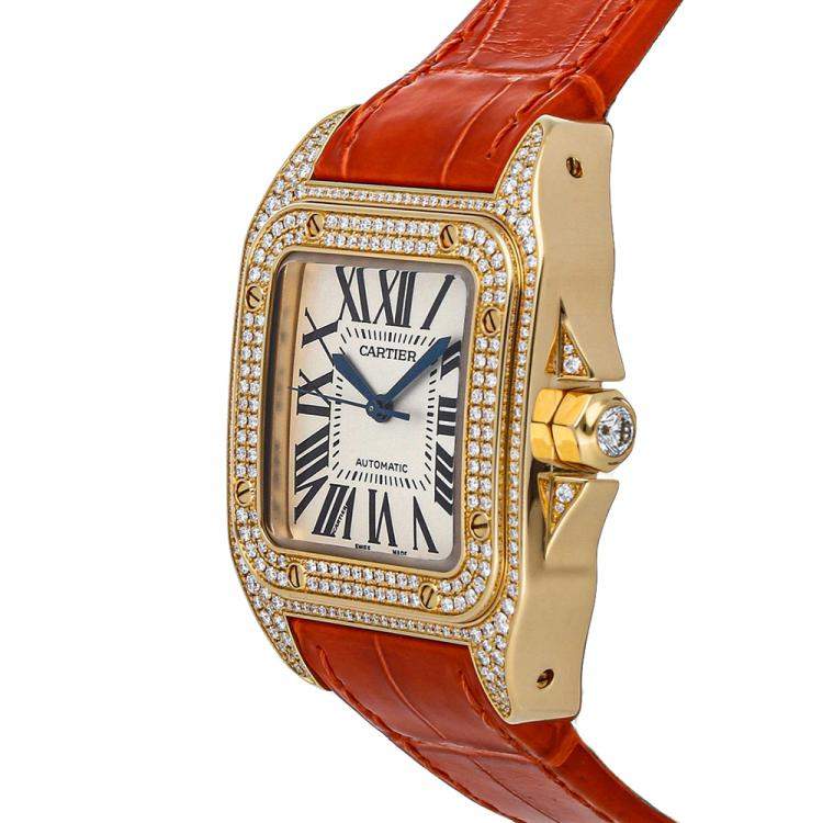 Pre Owned Cartier White Diamonds 18K Yellow Gold Santos 100 Medium WM502051 Women's Wristwatch 44 x 33 MM