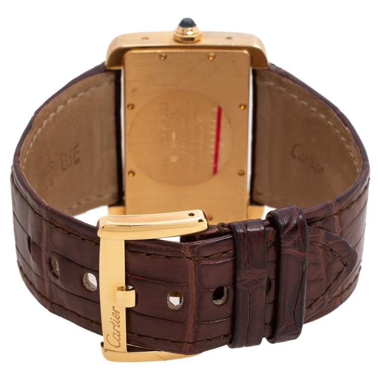 Pre Owned Cartier Cream 18K Yellow Gold Alligator Leather Tank Divan W6300856 Women's Wristwatch 38 mm