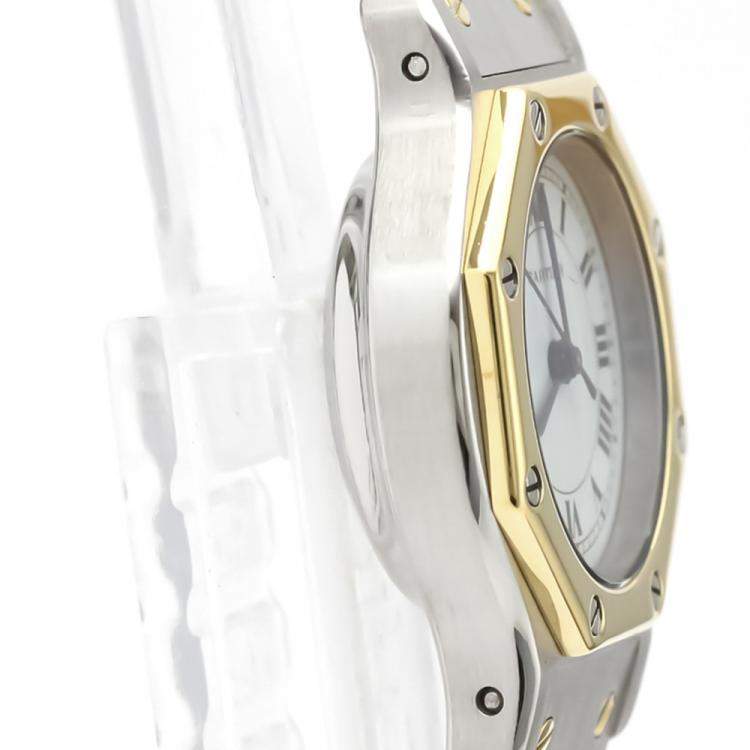 Pre Owned Cartier Silver 18K Yellow Gold And Stainless Steel Santos Octagon Automatic Women's Wristwatch 24 MM