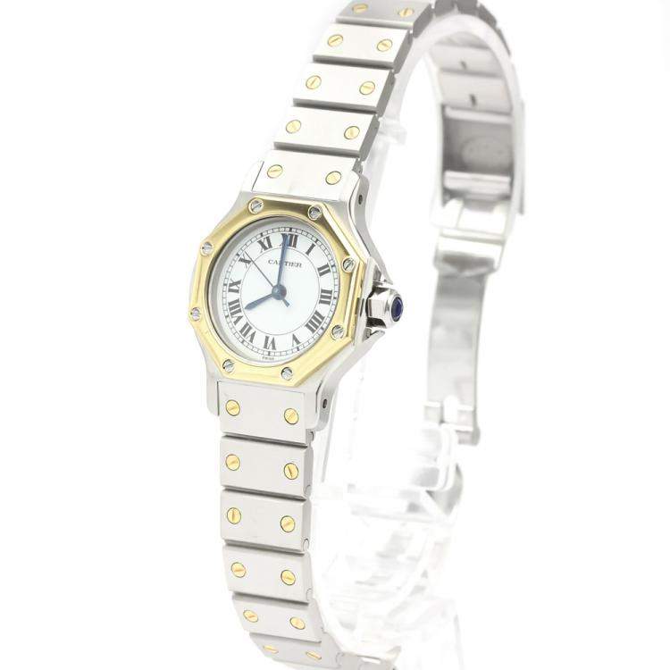 Pre Owned Cartier Silver 18K Yellow Gold And Stainless Steel Santos Octagon Automatic Women's Wristwatch 24 MM