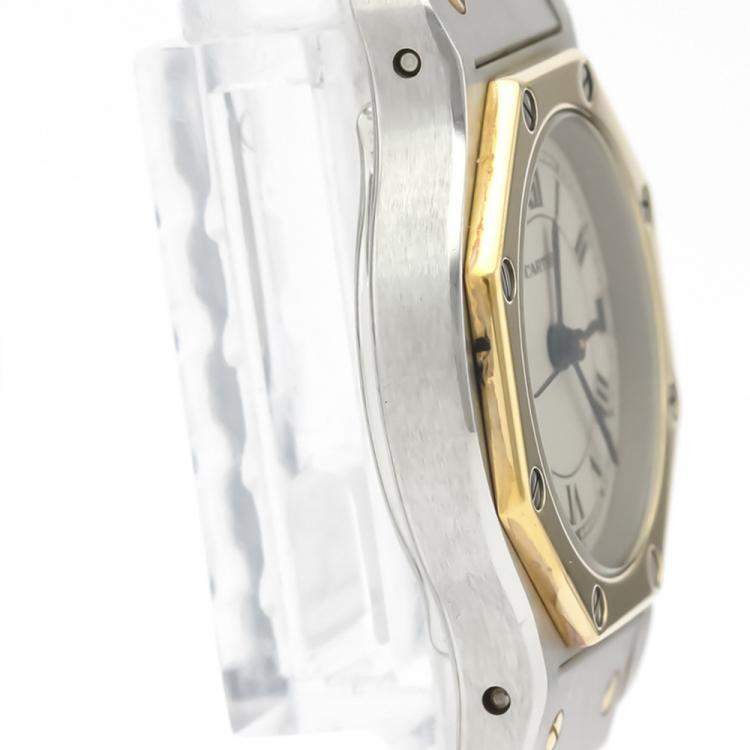 Pre Owned Cartier Silver 18K Yellow Gold And Stainless Steel Santos Octagon Quartz 187903 Women's Wristwatch 24 MM