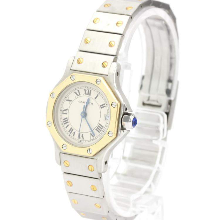 Pre Owned Cartier Silver 18K Yellow Gold And Stainless Steel Santos Octagon Quartz 187903 Women's Wristwatch 24 MM