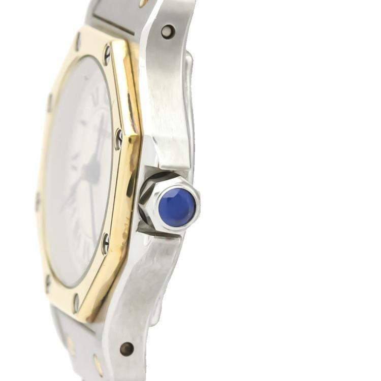 Pre Owned Cartier Silver 18K Yellow Gold And Stainless Steel Santos Octagon Quartz 187903 Women's Wristwatch 24 MM