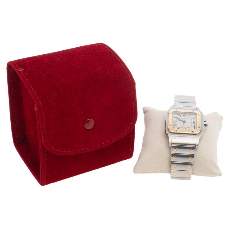 Pre Owned Cartier Cream 18K Yellow Gold And Stainless Steel Santos De Cartier 187901 Women's Wristwatch 29 mm