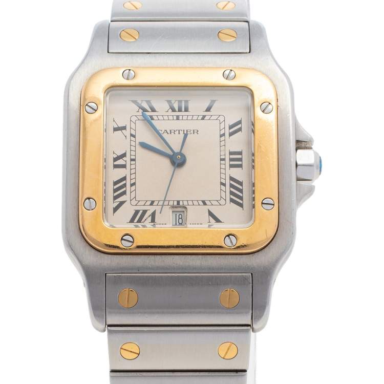 Pre Owned Cartier Cream 18K Yellow Gold And Stainless Steel Santos De Cartier 187901 Women's Wristwatch 29 mm
