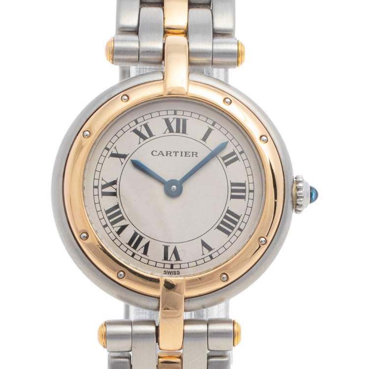 Pre Owned Cartier Cream 18K Yellow Gold And Stainless Steel Panthere 1057920 Women's Wristwatch 23 mm