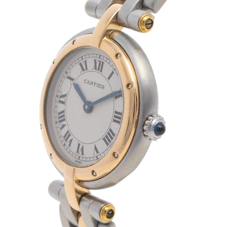 Pre Owned Cartier Cream 18K Yellow Gold And Stainless Steel Panthere 1057920 Women's Wristwatch 23 mm