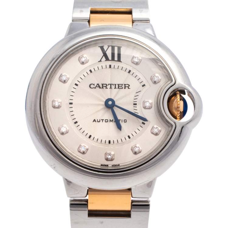 Pre Owned Cartier Silver 18K Yellow Gold And Stainless Steel Diamonds Ballon Bleu 3489 Women's Wristwatch 33 mm