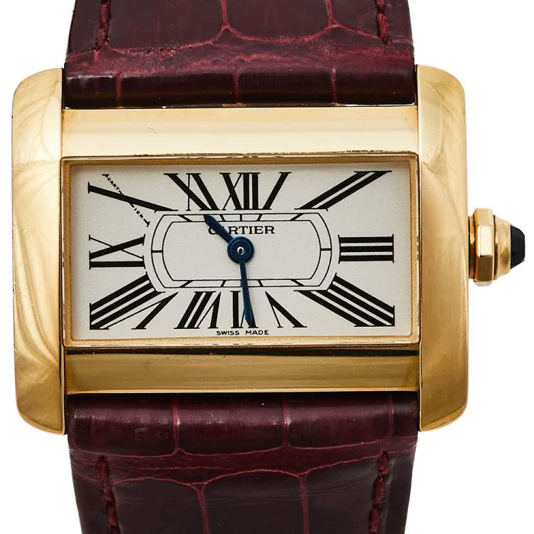 Pre Owned Cartier Silver 18K Yellow Gold Alligator Leather Tank Divan W6300356 Women's Wristwatch 31 mm