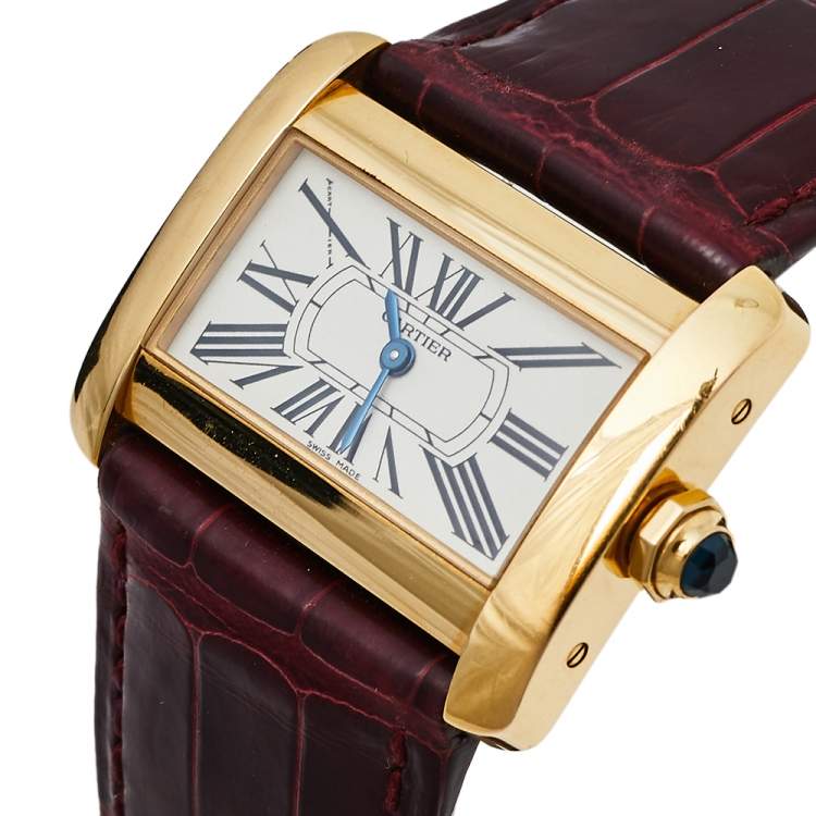 Pre Owned Cartier Silver 18K Yellow Gold Alligator Leather Tank Divan W6300356 Women's Wristwatch 31 mm