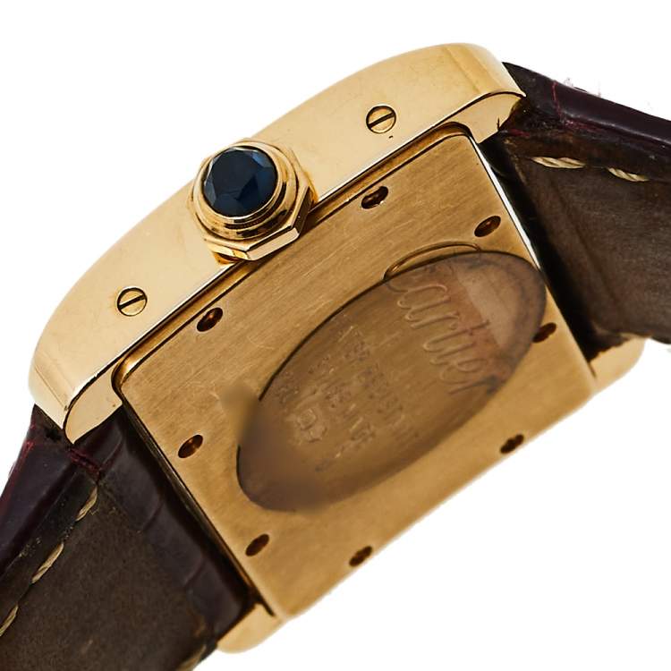 Pre Owned Cartier Silver 18K Yellow Gold Alligator Leather Tank Divan W6300356 Women's Wristwatch 31 mm
