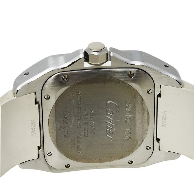 Pre Owned Cartier White Rubber Stainless Steel 2878 Santos 100 Automatic Women's Wristwatch 33 MM