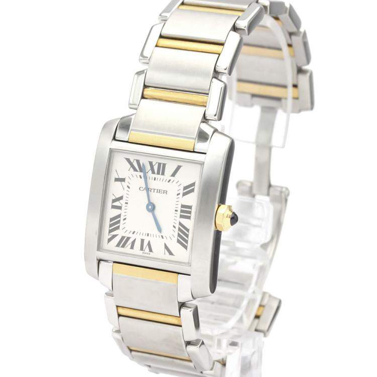 Pre Owned Cartier White 18K Yellow Gold And Stainless Steel Tank Francaise W51006Q4 Women's Wristwatch 26 MM