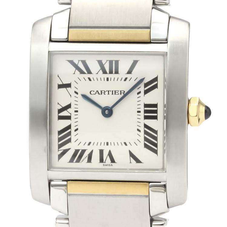Pre Owned Cartier White 18K Yellow Gold And Stainless Steel Tank Francaise W51006Q4 Women's Wristwatch 26 MM