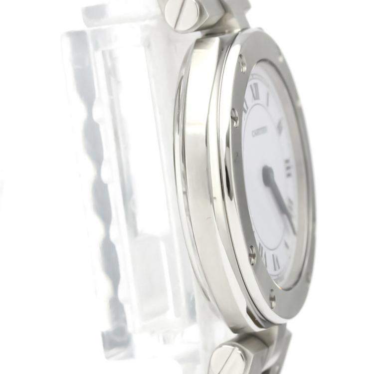مملوكة مسبقًا Cartier White Stainless Steel Santos Round Quartz Women's Wristwatch 27 MM