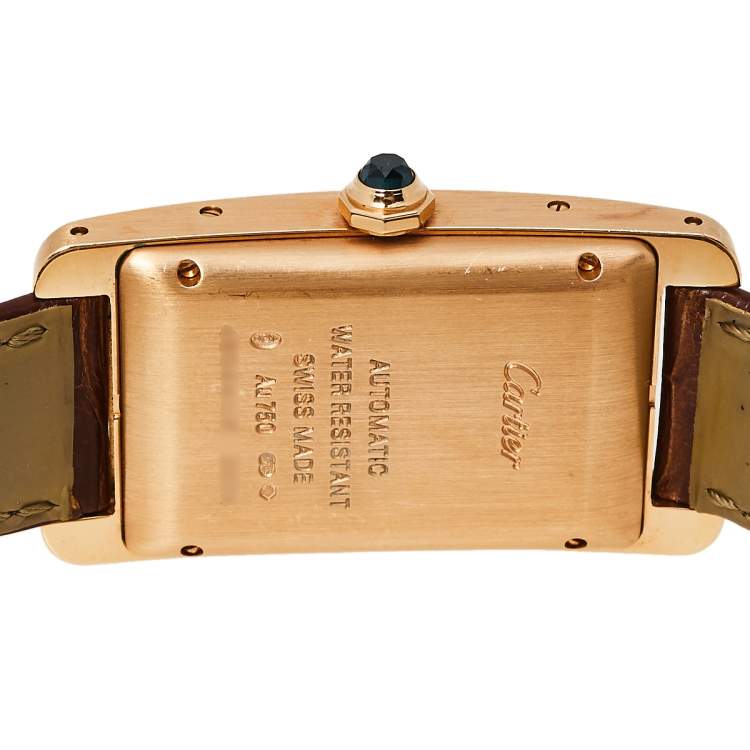 Pre Owned Cartier Silver 18K Rose Gold Leather Tank Americaine W2620030 Women's Wristwatch 22.6 mm