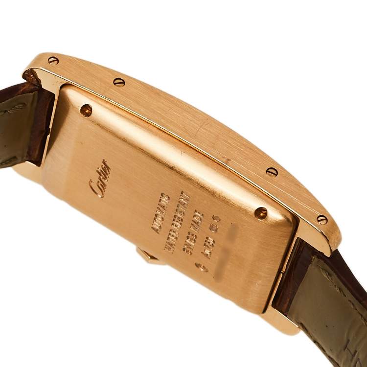 Pre Owned Cartier Silver 18K Rose Gold Leather Tank Americaine W2620030 Women's Wristwatch 22.6 mm