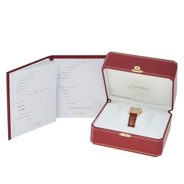 Pre Owned Cartier Silver 18K Rose Gold Leather Tank Americaine W2620030 Women's Wristwatch 22.6 mm