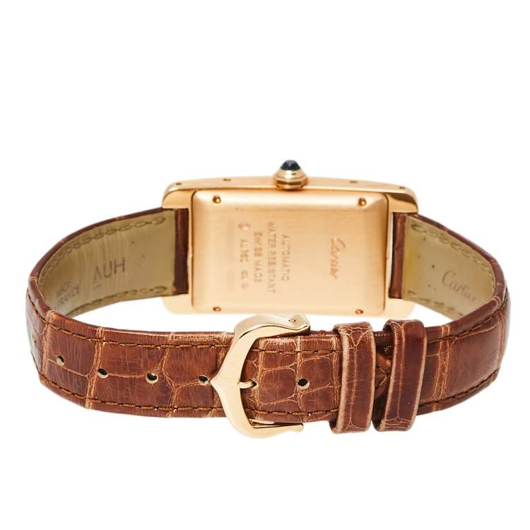 Pre Owned Cartier Silver 18K Rose Gold Leather Tank Americaine W2620030 Women's Wristwatch 22.6 mm