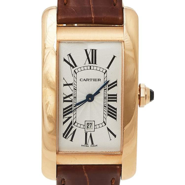 Pre Owned Cartier Silver 18K Rose Gold Leather Tank Americaine W2620030 Women's Wristwatch 22.6 mm