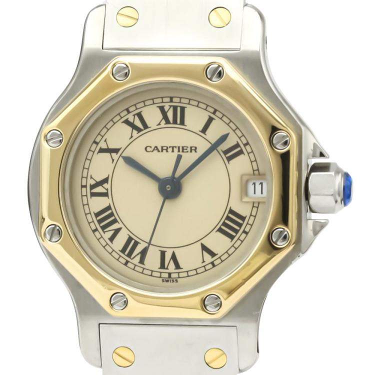 Pre Owned Cartier Ivory 18K Yellow Gold And Stainless Steel Santos Octagon Quartz Women's Wristwatch 24 MM