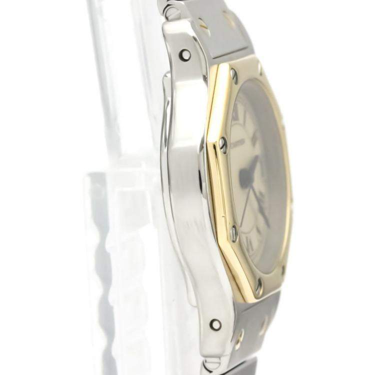 Pre Owned Cartier Ivory 18K Yellow Gold And Stainless Steel Santos Octagon Quartz Women's Wristwatch 24 MM
