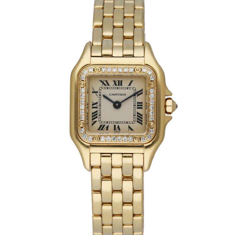 Pre Owned Cartier Silver Diamonds 18K Yellow Gold Panthere 128000M Women's Wristwatch 23 MM