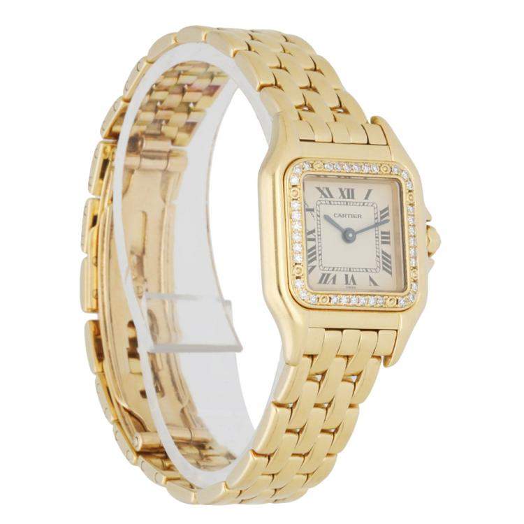 Pre Owned Cartier Silver Diamonds 18K Yellow Gold Panthere 128000M Women's Wristwatch 23 MM