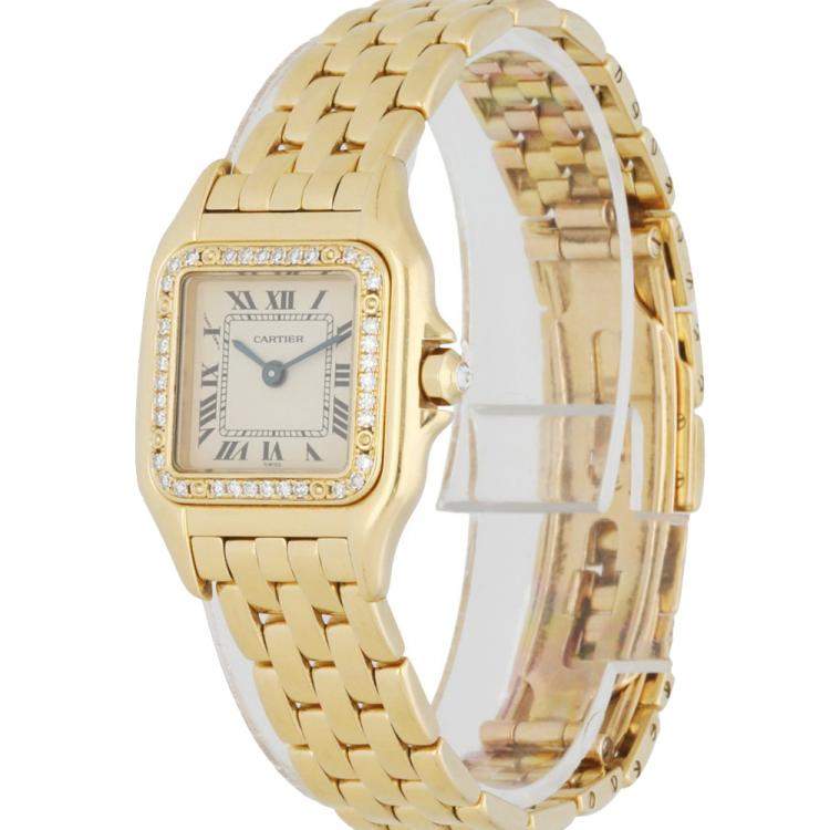 Pre Owned Cartier Silver Diamonds 18K Yellow Gold Panthere 128000M Women's Wristwatch 23 MM