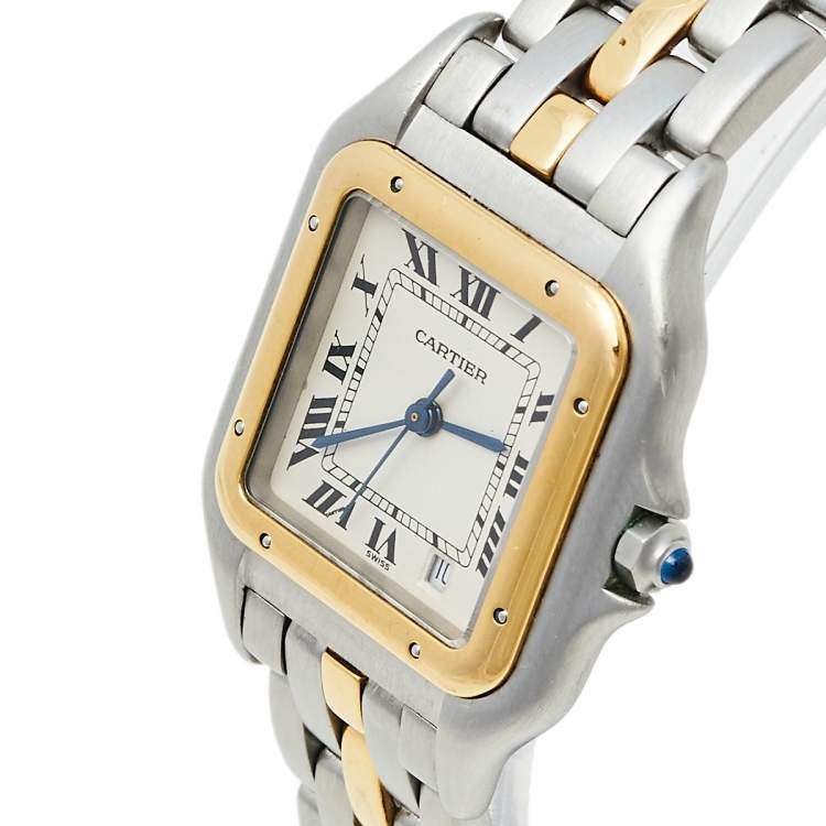 Pre Owned Cartier Silver 18K Yellow Gold and Stainless Steel Vintage Panthere De Cartier Women's Wristwatch 27 mm