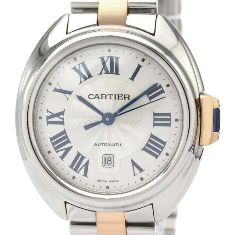 Pre Owned Cartier Silver 18K Rose Gold And Stainless Steel Cle De Cartier W2CL0004 Women's Wristwatch 31 MM