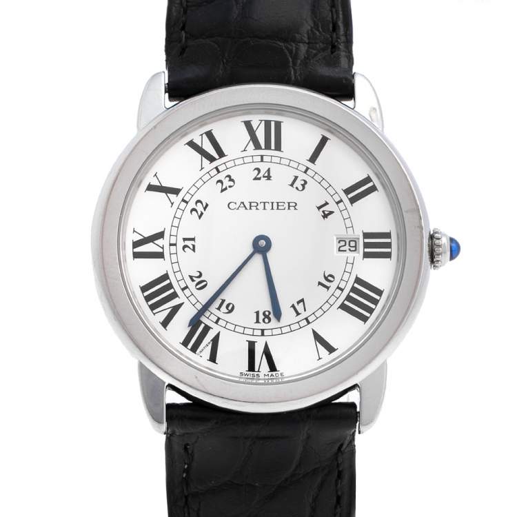 Pre Owned Cartier Silver Stainless Steel Leather Ronde Solo 2934 Women's Wristwatch 36 mm