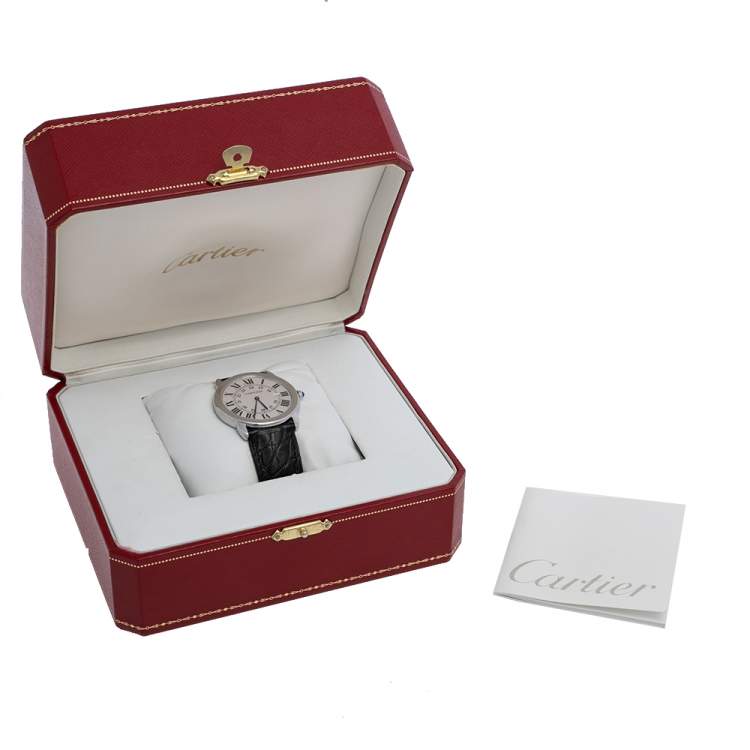 Pre Owned Cartier Silver Stainless Steel Leather Ronde Solo 2934 Women's Wristwatch 36 mm