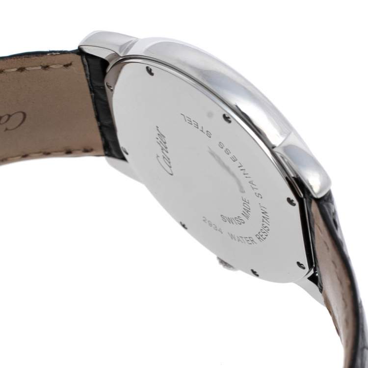 Pre Owned Cartier Silver Stainless Steel Leather Ronde Solo 2934 Women's Wristwatch 36 mm