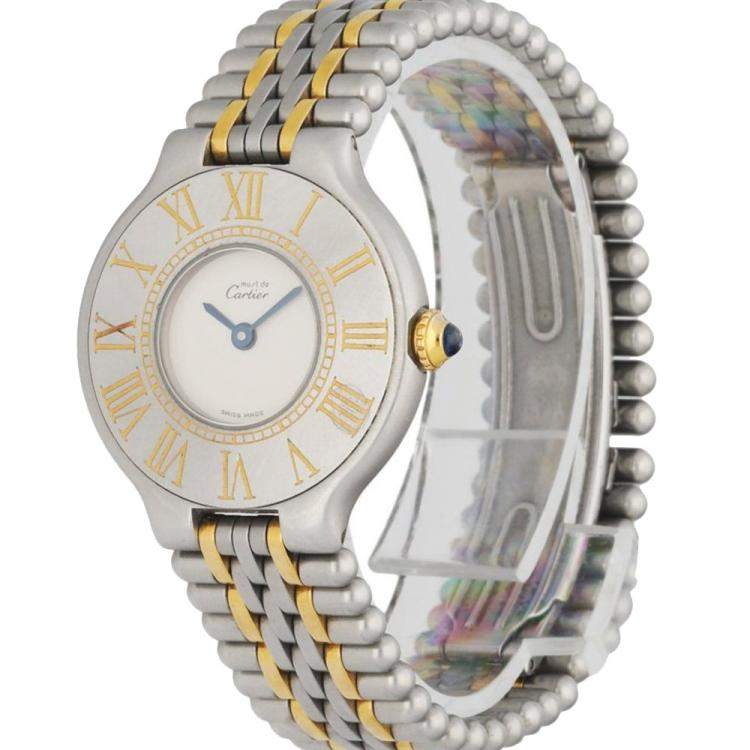 مملوكة مسبقًا Cartier White Gold Plated Stainless Steel Must 21 Women's Wristwatch 28 MM