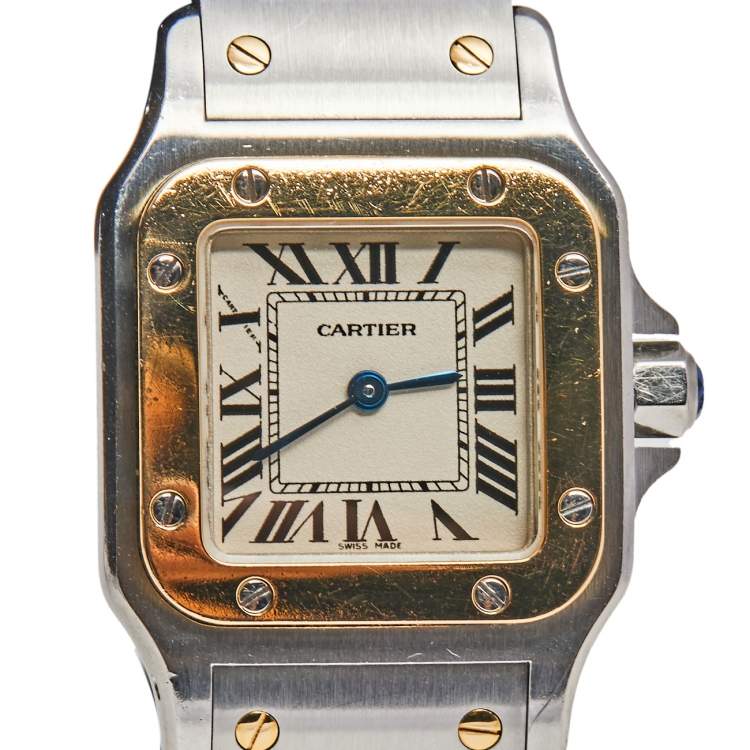 Pre Owned Cartier Cream 18K Yellow Gold Stainless Steel Santos Galbée 1567 Women's Wristwatch 24 mm