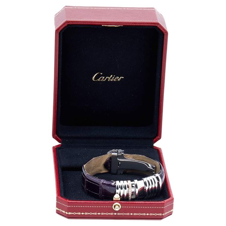 Pre Owned Cartier Silver Two-Tone 18K Gold Diamond Leather Declaration 2611 Women's Wristwatch 16 mm