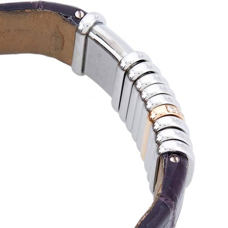 Pre Owned Cartier Silver Two-Tone 18K Gold Diamond Leather Declaration 2611 Women's Wristwatch 16 mm