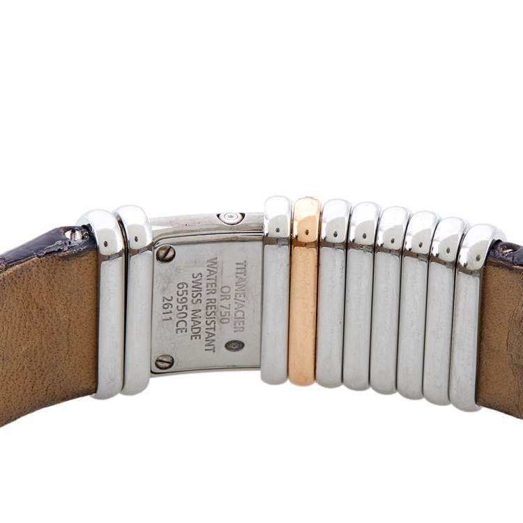 Pre Owned Cartier Silver Two-Tone 18K Gold Diamond Leather Declaration 2611 Women's Wristwatch 16 mm